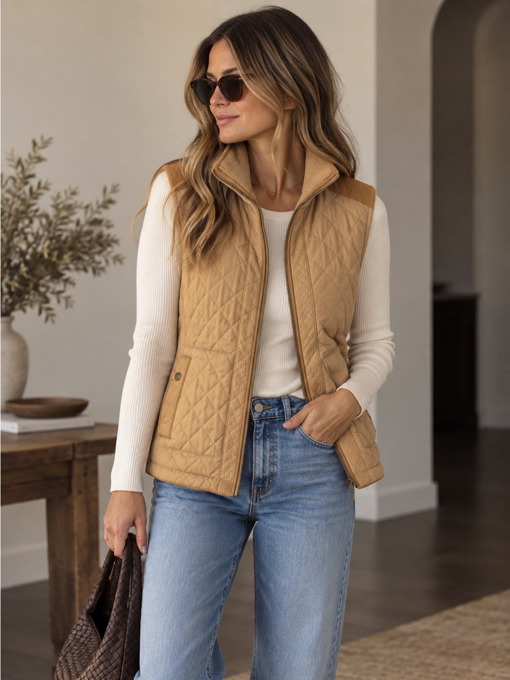 Ralph Lauren Quilted Sleeveless Vest in Camel